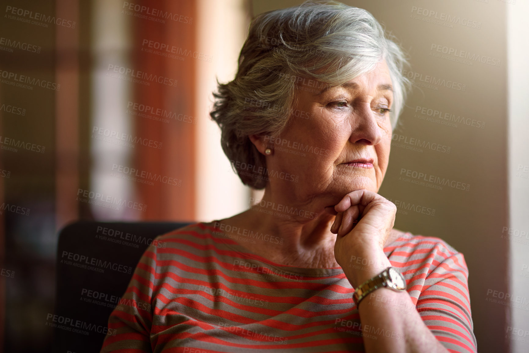 Buy stock photo Senior woman, worry and thinking at window with memory, ideas and home on living room sofa. Elderly lady, remember and think with decision, depression and retirement on lounge chair, house and fear