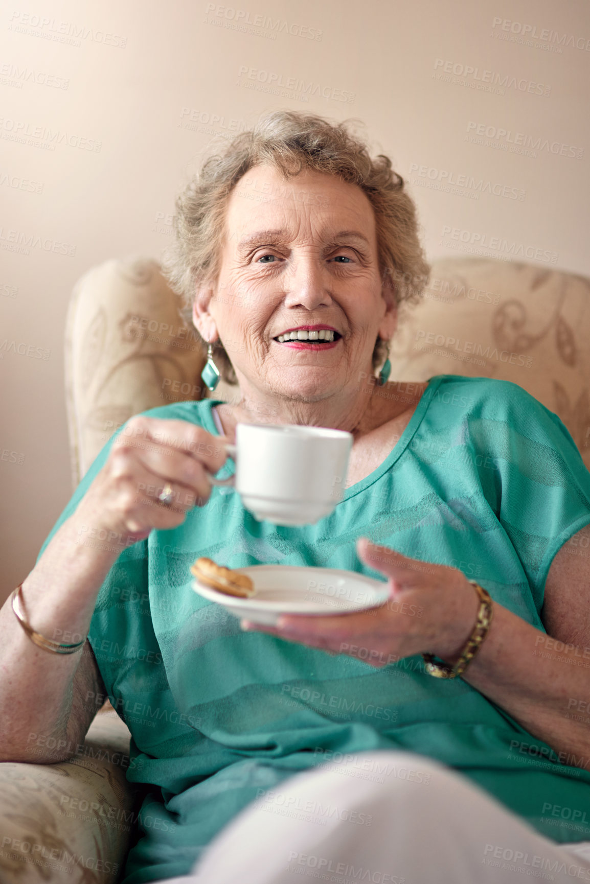 Buy stock photo Portrait of a senior woman enjoying a warm beverage at home