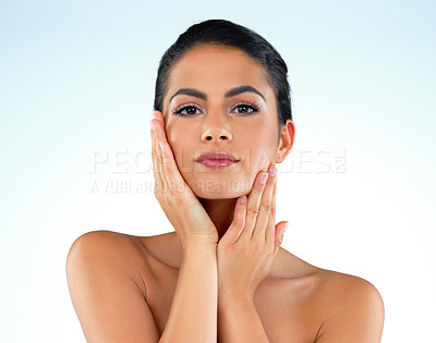 Buy stock photo Skincare, glow and portrait of woman in studio with hydration, collagen and beauty treatment. Health, natural and face of female person with facial dermatology routine for hygiene by white background