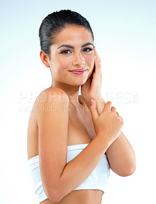 Buy stock photo Woman, beauty and makeup with portrait in studio for wellness, glow or transformation by blue background. Girl, model and person with cosmetics, aesthetic or smile with results for skincare in Mexico