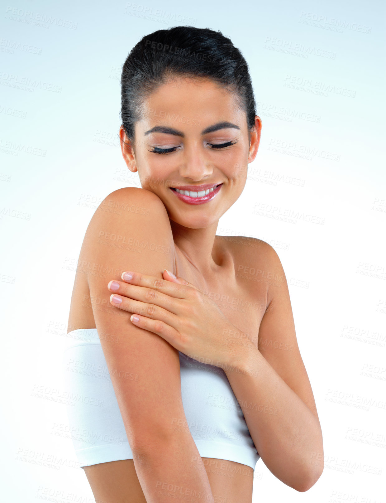 Buy stock photo Body care, hydration and woman in studio with natural, moisturizing or cosmetic treatment. Health, beauty and female person with dermatology routine for soft, smooth and clean skin by blue background