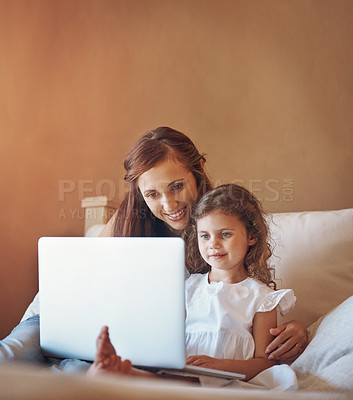 Buy stock photo Mother, kid and happy on bed with laptop for streaming subscription, cartoon and online video in home. Mockup, woman and girl relax in bedroom with technology for social media, bonding and child film