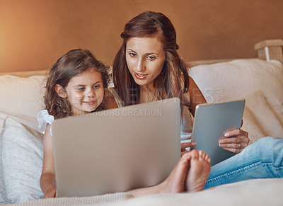 Buy stock photo Mother, child and tablet on bed with laptop for streaming subscription, cartoon and online video in home. Happy family, woman and girl in bedroom with technology for social media, bonding or kid film