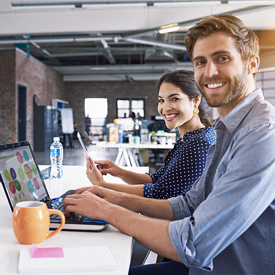 Buy stock photo Smile, office and portrait of man and woman at desk with laptop at creative agency, working on project together. Leadership, partnership and happy employees or business partner at design startup.