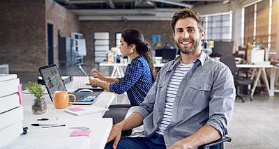 Buy stock photo Teamwork, smile and portrait of man at desk with laptop and woman at creative agency working on project together. Leadership, collaboration and happy employees or business people at design startup.