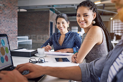 Buy stock photo Portrait of black woman in creative agency with smile, confidence and success startup design office. Face of happy designer in office, manager or team leader with digital tech and coworking space.