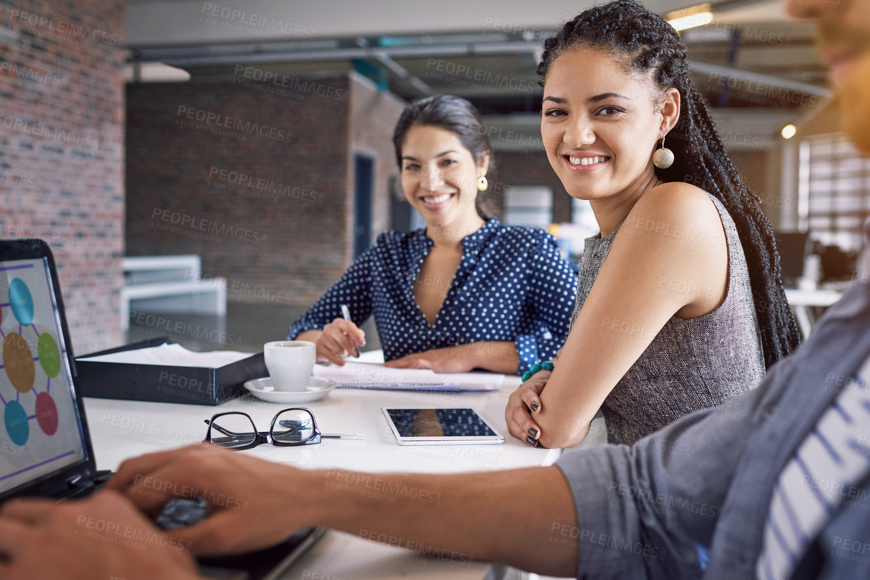 Buy stock photo Portrait of black woman in creative agency with smile, confidence and success startup design office. Face of happy designer in office, manager or team leader with digital tech and coworking space.