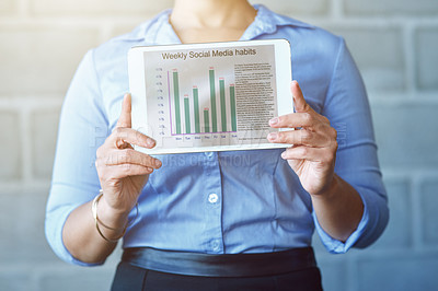 Buy stock photo Social media chart, screen and hands with tablet for information, marketing and infographic results. Technology, networking and woman with digital tech for review, internet blogging and management