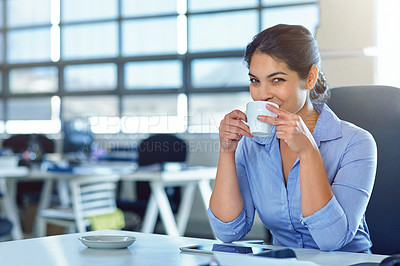 Buy stock photo Portrait, business and woman drinking coffee, success and advertising agency with girl in workplace. Face, female manager and leader with tea, skills and confidence with joy, development and office