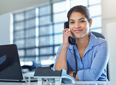 Buy stock photo Phone call communication, office portrait and woman talking to business investment, agent or investment contact. Receptionist conversation, company secretary or consultant consulting on telephone