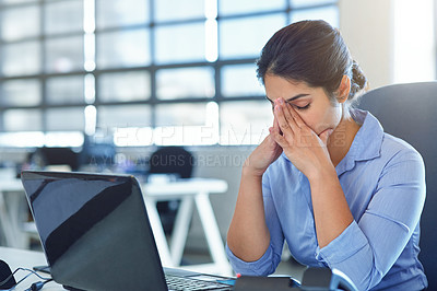 Buy stock photo Business woman, job stress and headache of a office worker feeling fatigue from tax project. Audit anxiety, online work and burnout of a Indian female working on a laptop with a 404 problem from web