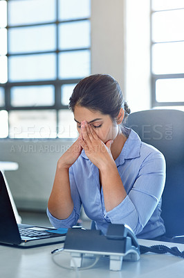 Buy stock photo Business woman, stress and headache of a office worker feeling fatigue from tax project. Audit anxiety, online work and burnout of a Indian female working on a laptop with a 404 problem from web