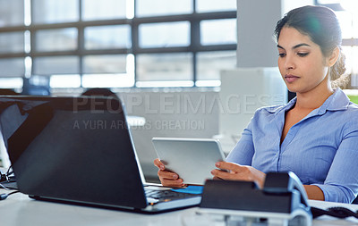 Buy stock photo Administration office, tablet and woman focus on reading financial savings, digital finance budget or accounting review. Company database, data analysis and business accountant working on statistics