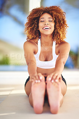 Buy stock photo Feet, stretching and portrait of African woman with yoga mat for wellness, mindfulness and morning routine. Posture, flexibility and face of happy person with self care, peace or holistic healing