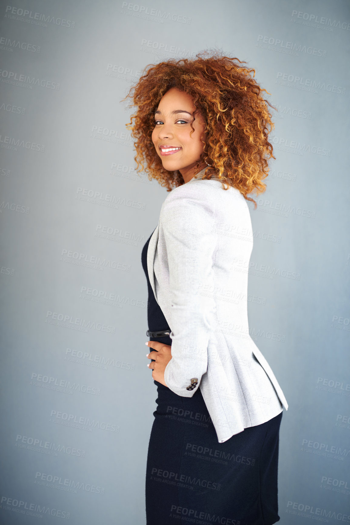 Buy stock photo Portrait, happy and business woman in studio isolated on gray background space. Smile, confident professional or expert entrepreneur or public relations agent with experience or opportunity in Brazil