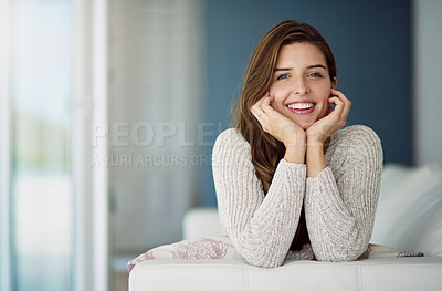 Buy stock photo Smile, portrait and woman relax on couch in home living room on holiday. Face, happy and young female person from Canada on sofa in lounge, apartment or house to enjoy me time, vacation or lifestyle.