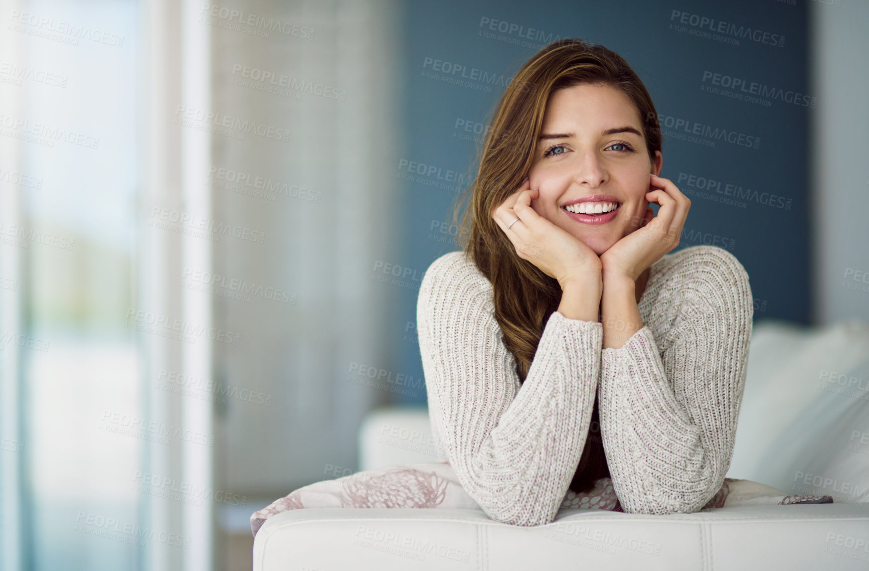 Buy stock photo Smile, portrait and woman relax on couch in home living room on holiday. Face, happy and young female person from Canada on sofa in lounge, apartment or house to enjoy me time, vacation or lifestyle.