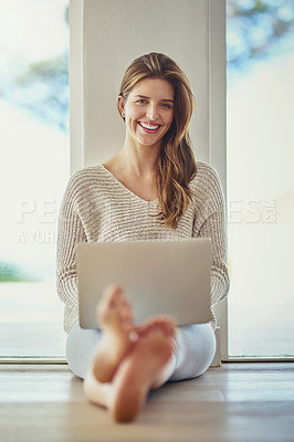 Buy stock photo Remote work, laptop and portrait of woman on floor in home  working on project. Computer, freelancer and happy face of person typing, writing blog for social media or email, internet and web research
