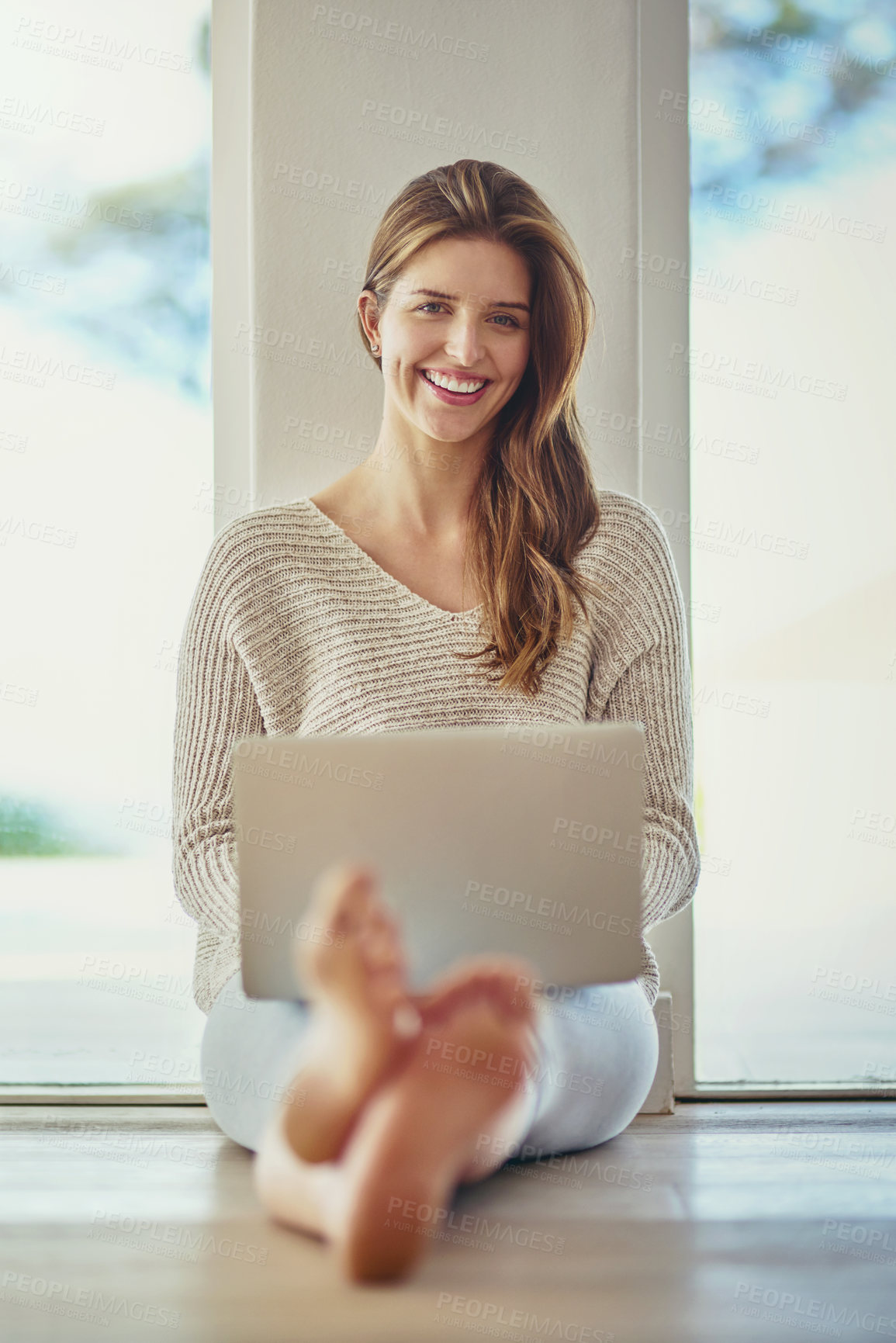 Buy stock photo Remote work, laptop and portrait of woman on floor in home  working on project. Computer, freelancer and happy face of person typing, writing blog for social media or email, internet and web research