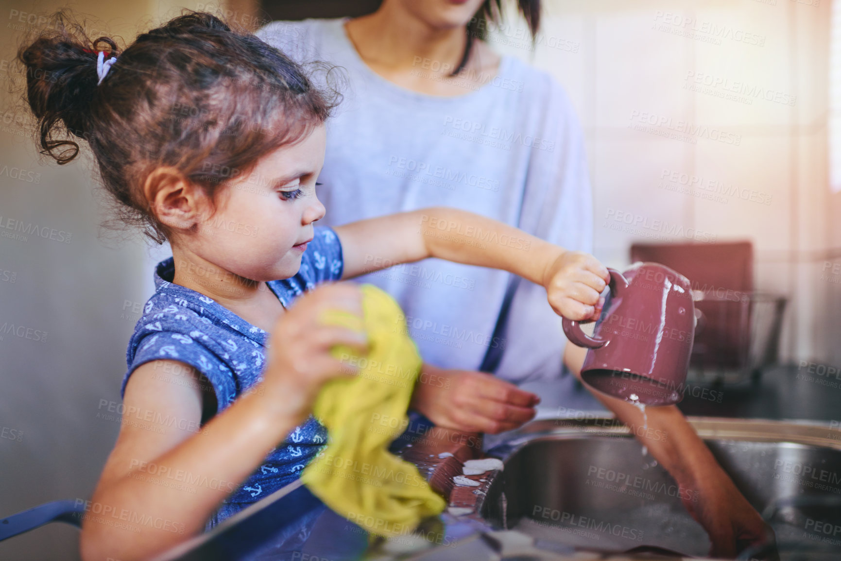 Buy stock photo Mother, child and learn to wash cup in kitchen with cleaning, teaching and help in a family home. Water, happy and love of parent and young girl together with bonding, support and sink with care