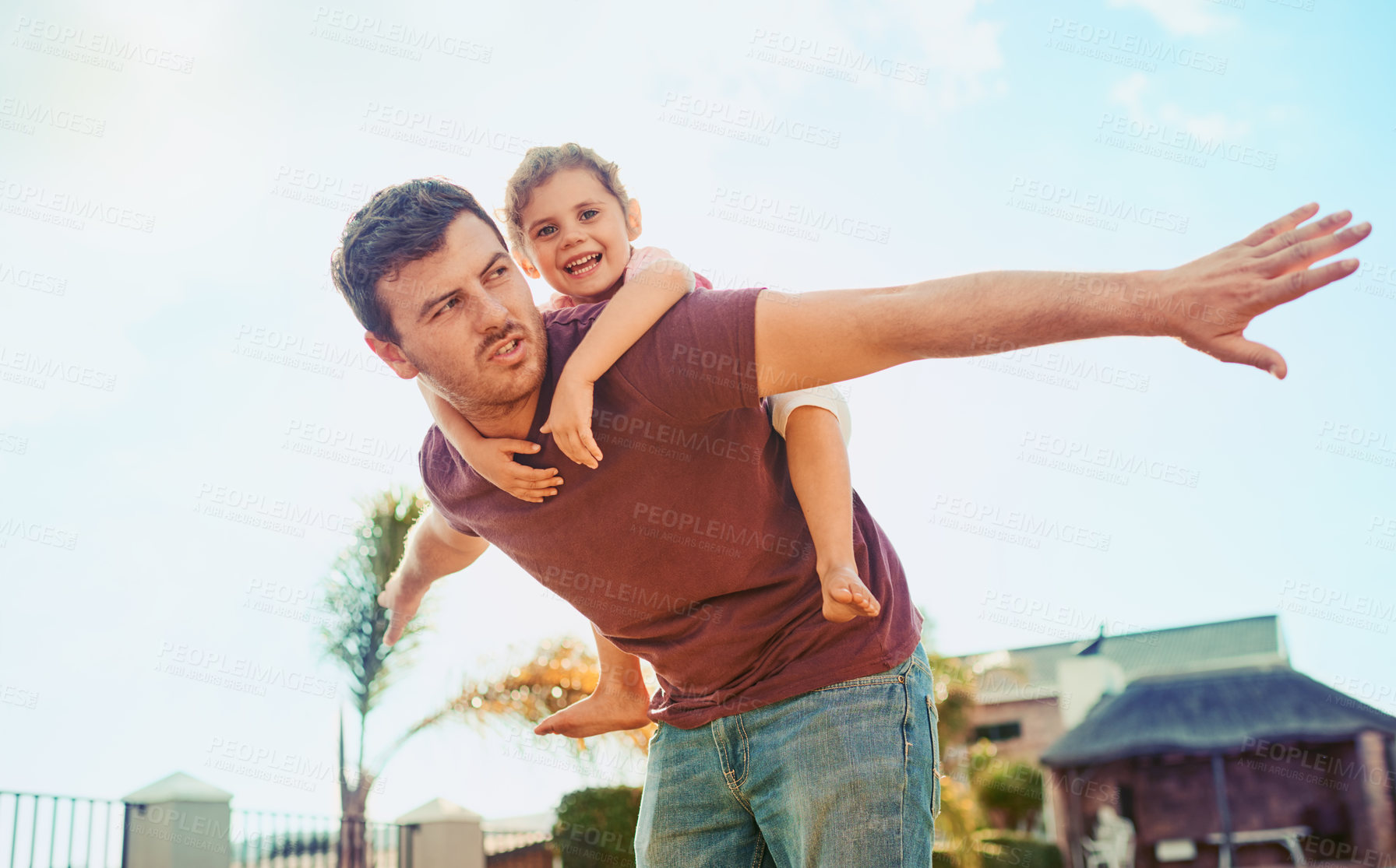 Buy stock photo Piggyback, happy and child with airplane on man for outdoor fun, adventure and pretending to fly. Portrait, father and daughter with game in backyard for family bonding, weekend and love in summer