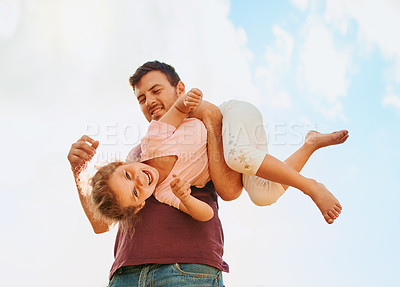 Buy stock photo Father, child and playing outdoor in home with fun activity, bonding and energy with blue sky. Happy family, man and girl kid with flying game in backyard for adventure with excited and caring