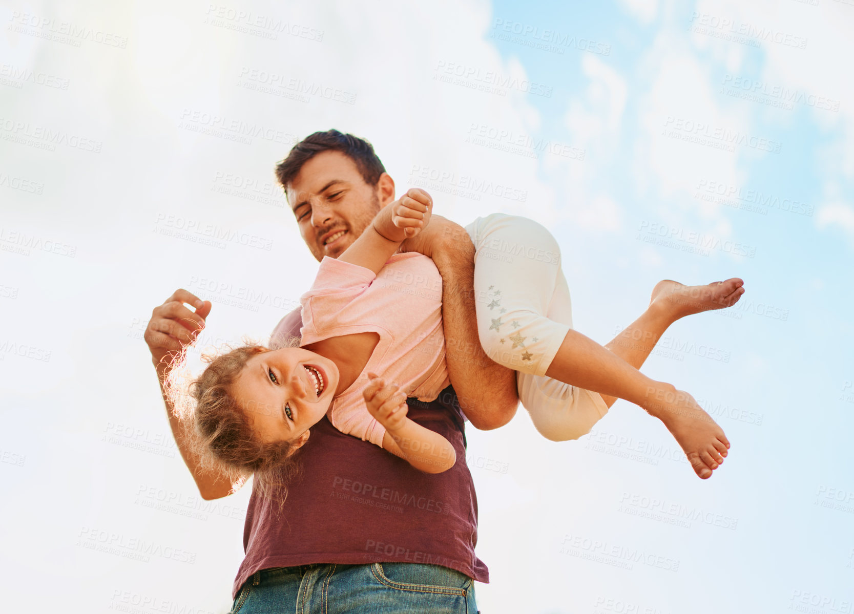 Buy stock photo Father, child and playing outdoor in home with fun activity, bonding and energy with blue sky. Happy family, man and girl kid with flying game in backyard for adventure with excited and caring