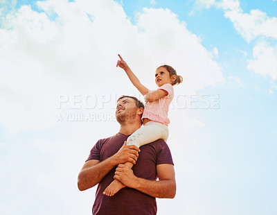 Buy stock photo Sky, dad and child on shoulder with pointing for bonding adventure, growth and development for kids. Support, father and girl with outdoor view, showing and fun learning together on weekend morning.