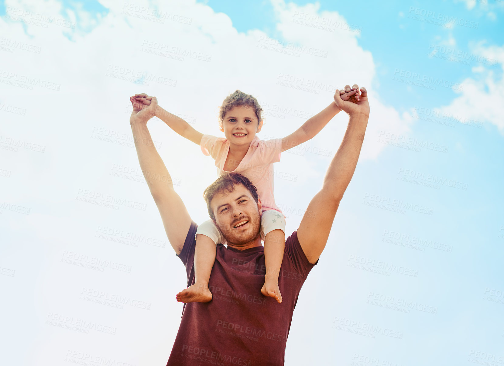 Buy stock photo Portrait, dad and child on shoulder with sky, smile and playing together for kids development in nature. Bonding, happy father and girl with support, outdoor adventure or fun games on weekend morning