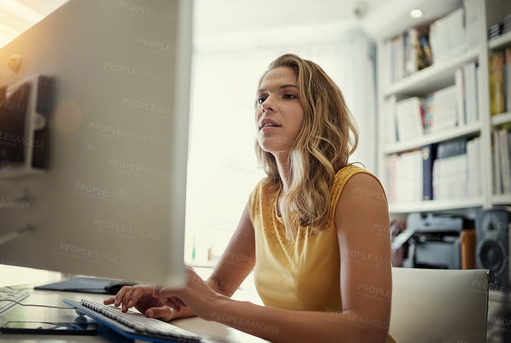 Buy stock photo Woman, typing and thinking with pc in home office for remote work with ideas in planning, review and editing. Person, writer and computer for proofreading, click and keyboard for story development