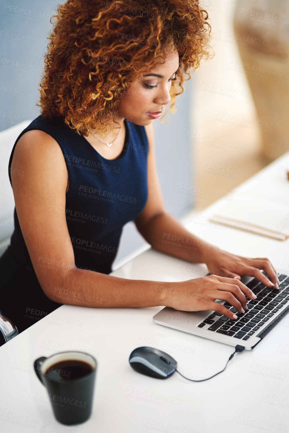 Buy stock photo Business, typing and woman with coffee, laptop and research for online project manager, article or report at desk. Thinking, computer and consultant writing proposal, review or networking with email