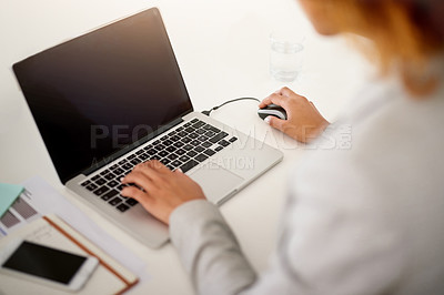 Buy stock photo Hands, laptop and typing with copy space, blank and mockup for networking in modern office. Person, computer screen and click keyboard for search, reading and contact on web connection with empty ux