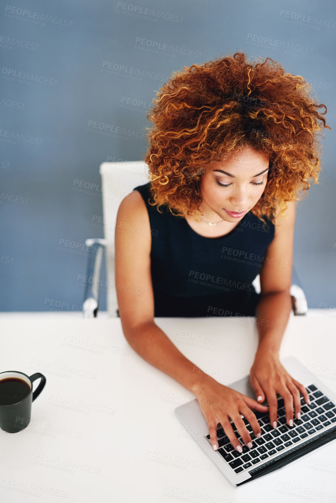 Buy stock photo Business, keyboard and black woman with laptop, employee or research for article in modern office. African person, worker or agent with internet, pc or magazine editor with journalist or website info