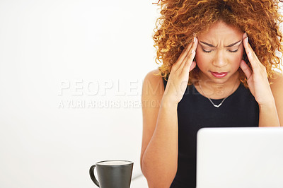 Buy stock photo Stress, headache and woman with a laptop email isolated on a white background in a studio. Frustrated, space and a social media manager with migraine pain from a mental health problem or work mistake