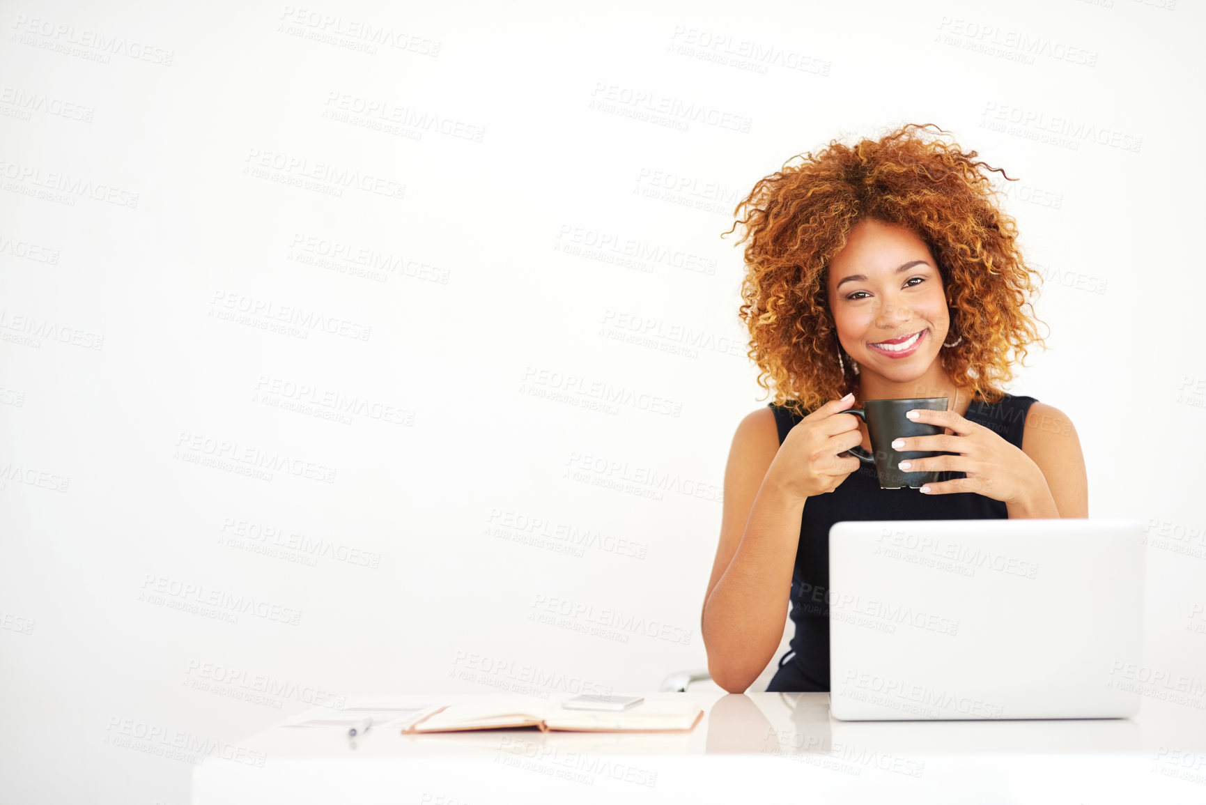 Buy stock photo Woman, laptop and coffee in studio portrait by space for mock up with pride by white background. African person, computer and drink in tea cup with smile, research and notebook at creative agency