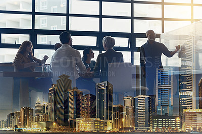 Buy stock photo Full length shot of a mature businessman giving a presentation in the boardroom superimposed over a city