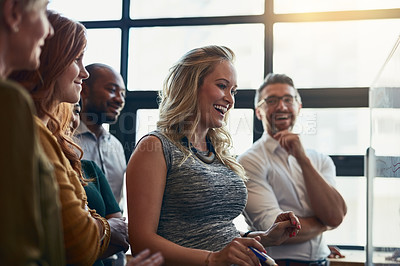 Buy stock photo Office, woman and happy in whiteboard for strategy or planning and idea as project manager. Leader, teamwork and collaboration as employees with mission, solution and workshop for business growth