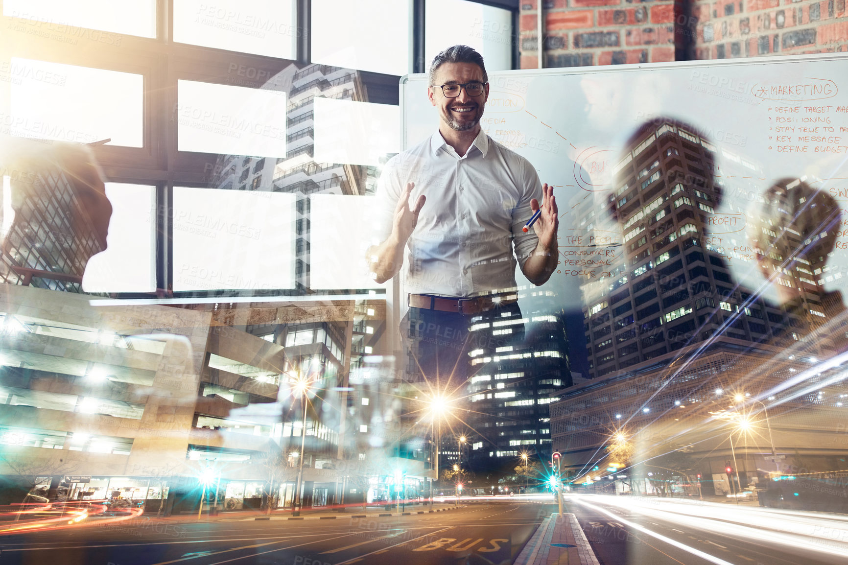 Buy stock photo Shot of a mature businessman giving a presentation in the boardroom superimposed over a city street