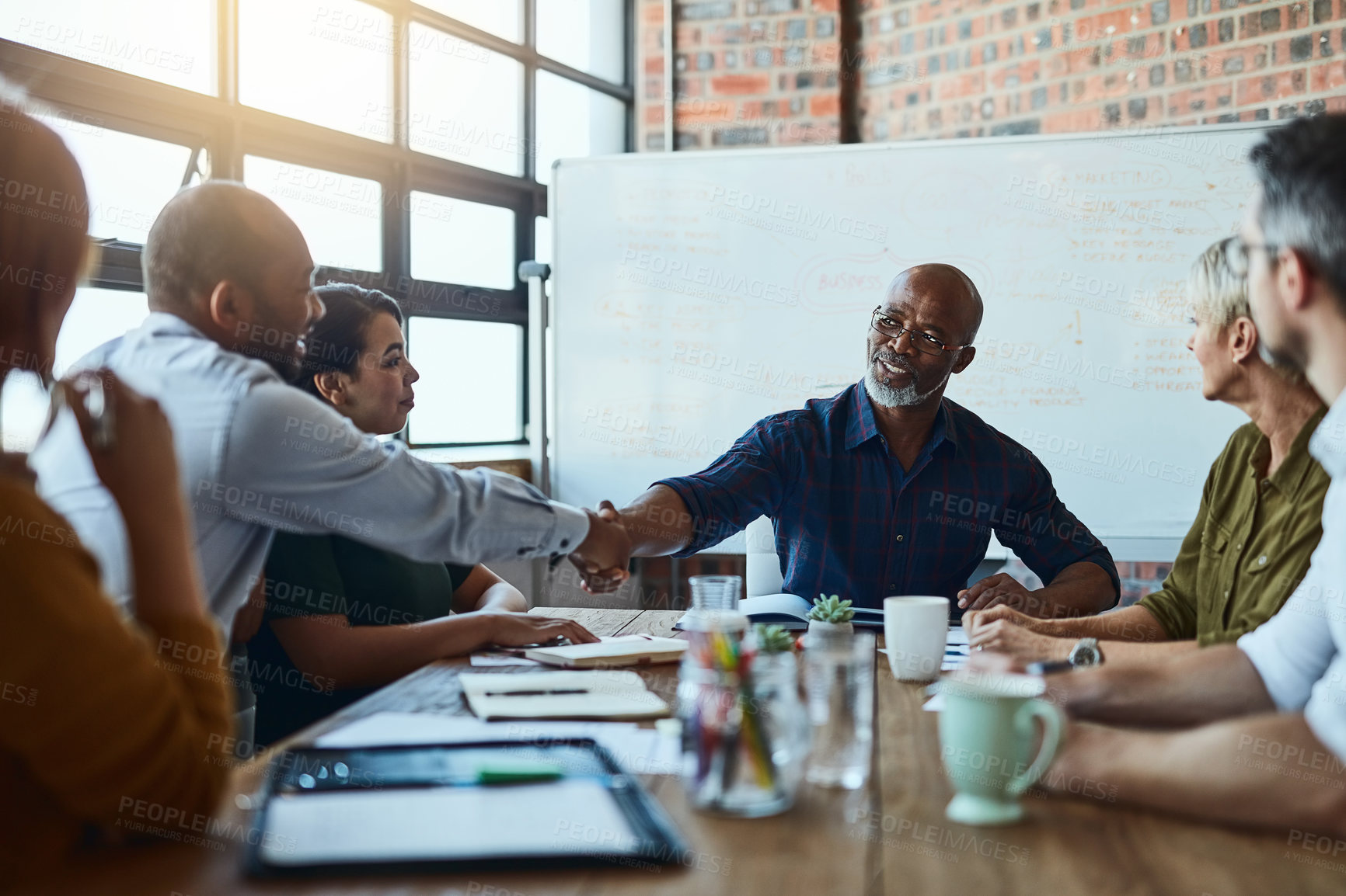 Buy stock photo Business people, meeting and handshake with ceo for deal, partnership or senior collaboration. Smile, shaking hands or black men with agreement, congratulations or b2b, group negotiation or thank you