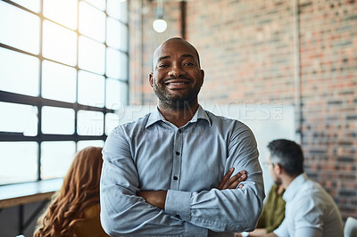 Buy stock photo Portrait, startup and black man with arms crossed, leader or success with teamwork. Face, male person or entrepreneur with confidence, leadership or meeting with a career, happiness and modern office