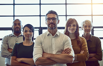 Buy stock photo Confidence, leadership and portrait of team with crossed arms in office for unity, collaboration or teamwork. Happy, diversity and business people with success, support and motivation in workplace.