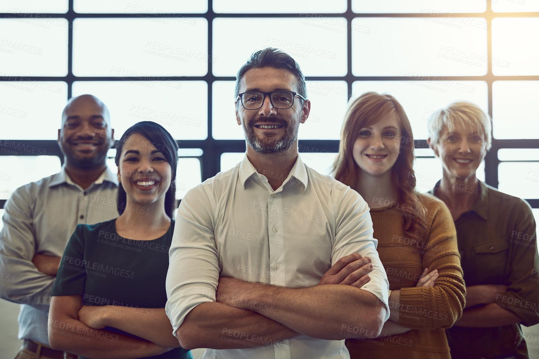 Buy stock photo Confidence, crossed arms and portrait of a team in the office for unity, collaboration or teamwork. Happy, diversity and group of business people with success, support and leadership in the workplace