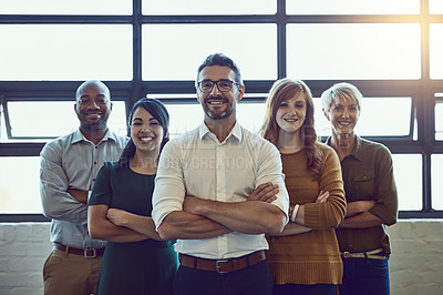 Buy stock photo Smile, crossed arms and portrait of a business team in office for unity, collaboration or teamwork. Happy, diversity and group of corporate employees with success, support and leadership in workplace