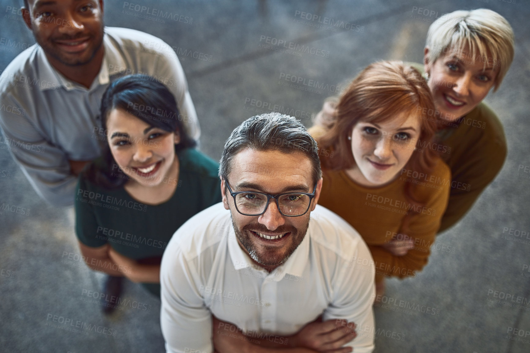 Buy stock photo Smiling, collaboration and teamwork of business team happy about work community support. Portrait of a diverse group of workers with a smile. Above view of staff  
standing and looking ready to work