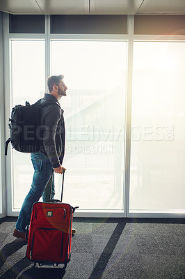 Buy stock photo Airport, window and man with suitcase, walking and trip of business in New York, backpack and thinking. Entrepreneur, moving and luggage for travel agency, lobby or waiting room of airplane of person