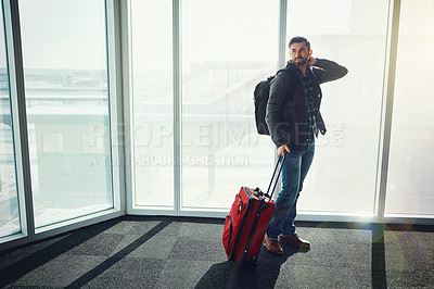 Buy stock photo Airport, window and man with suitcase, smile and trip of business in New York, backpack and thinking. Entrepreneur, moving and luggage for travel agency, lobby and waiting room of airplane of person