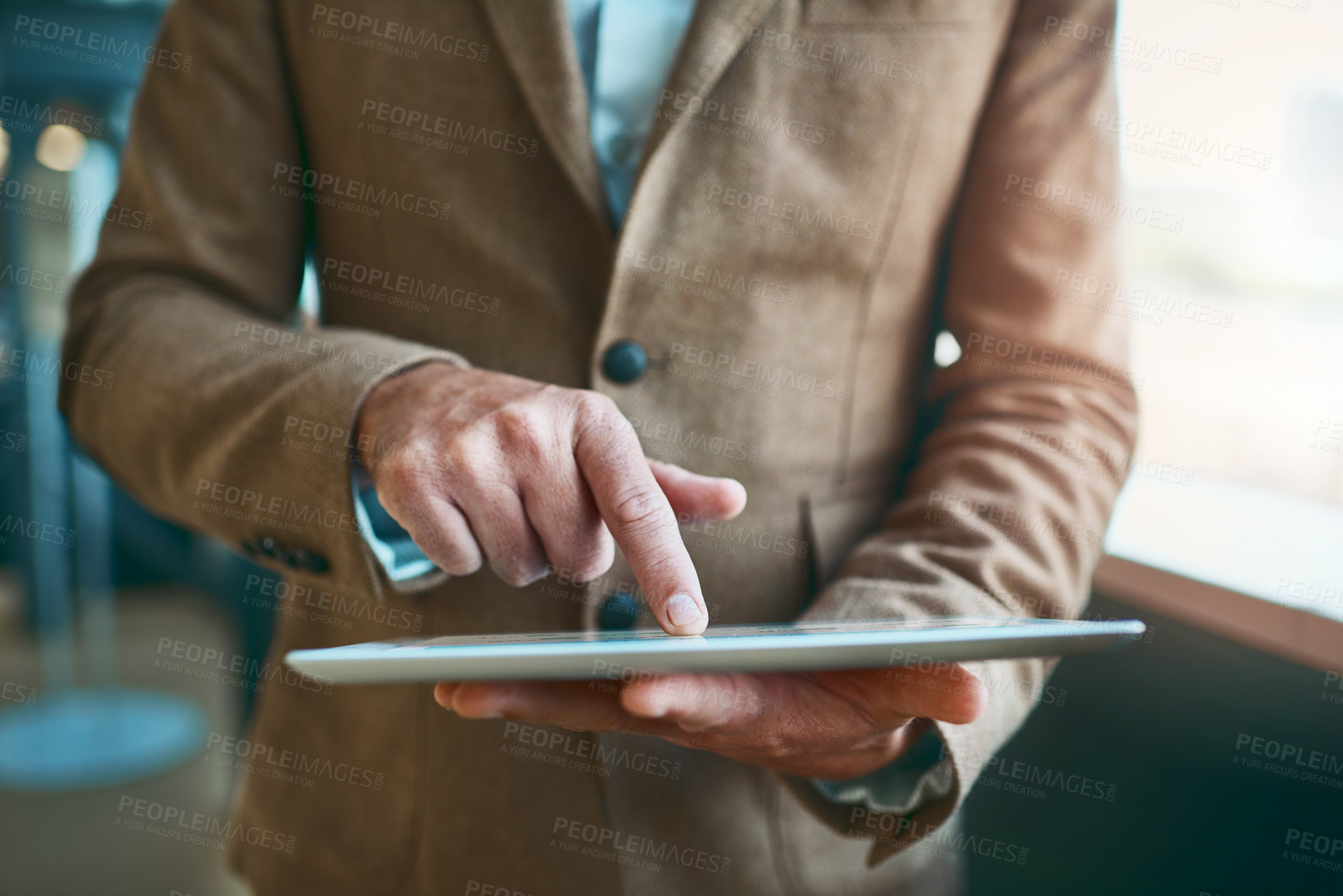 Buy stock photo Businessman, hand and scroll on tablet in office for corporate research, company website and networking. Professional, employee and digital technology at work for email feedback or online information