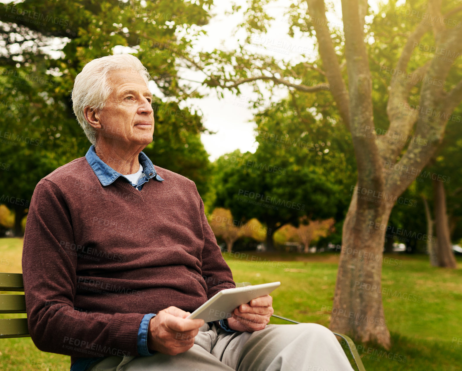 Buy stock photo Relax, tablet and thinking with old man in park for social media, freedom and communication. Technology, internet and contact with senior citizen on bench in nature for website, peace and retirement