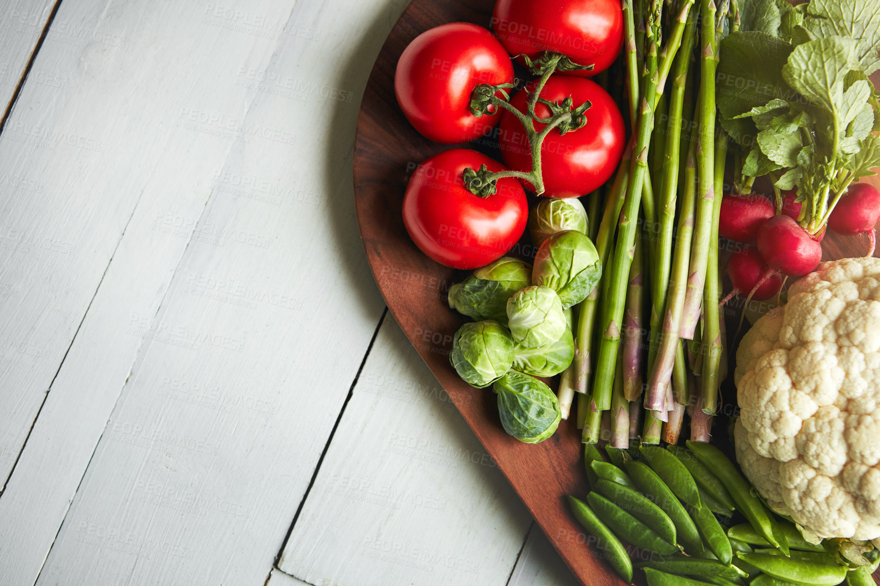 Buy stock photo Home, table and veg on cutting board for cooking with diet, nutrition and healthy living. Fresh, food and kitchen counter with organic or vegetarian meal for wellness, wellbeing and self care