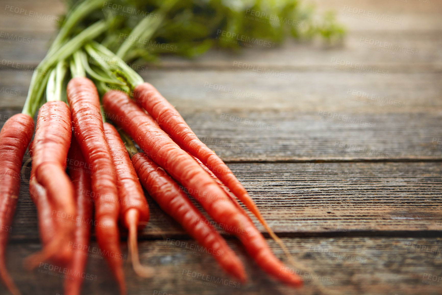 Buy stock photo Food, fresh carrots and nutrition for health with wellness, lunch snack and clean eating with vegan or vegetarian diet. Orange vegetables, raw and vitamin c benefits for detox on wood background